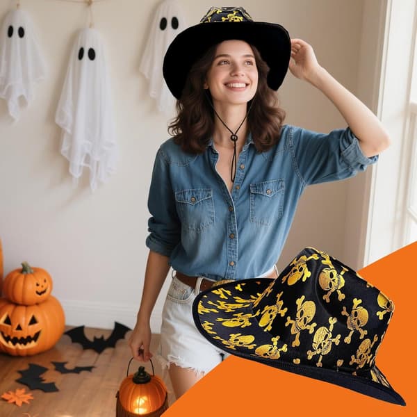 western hat skull-western hat with wider brim and chin strap -