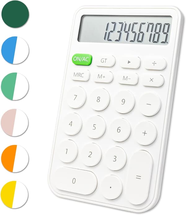 Standard Calculator 12 Digits, Desktop Large Display and Buttons, Calculator with Large LCD Display, Auto Sleep, with Battery, White