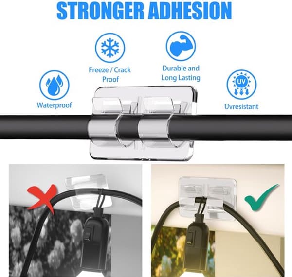 Hooks for Outdoor Lighting Clips, 25 Robust Cable Clips with Waterproof Adhesive Strips for Hanging Christmas Lights