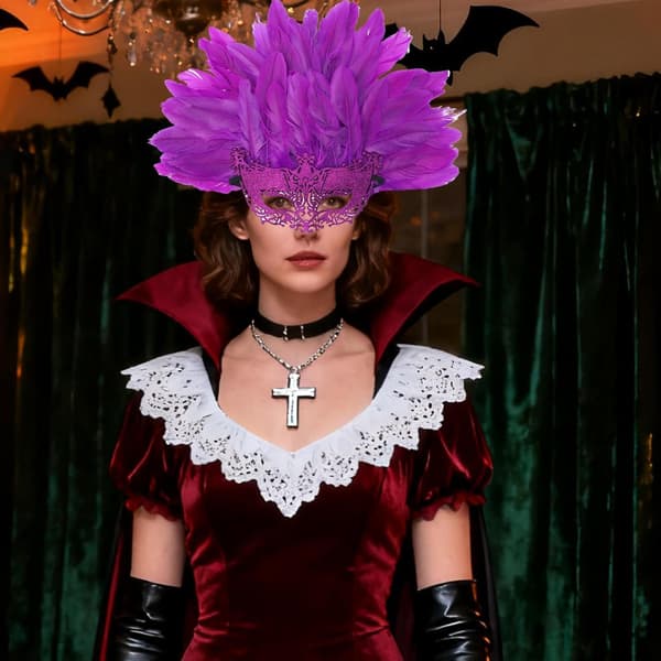Maskerad ansiktstäckning Halloween fjäder halv ansikte hår Voilett - Voilett