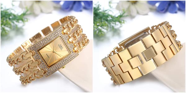Damklocka Elegant Analog Kvarts Armbandsur Rhinestone Rektangulär Vardagsklocka med Trippel Länkarmsband
