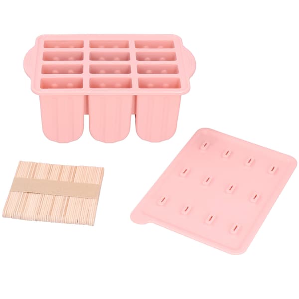 12-gitter silikoneform til is med låg og 50 pinde, pink