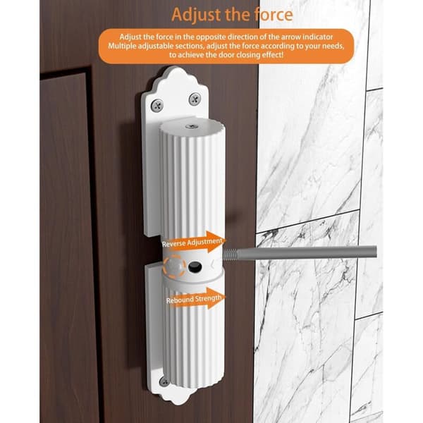 Automatic Door Closer, White, Adjustable Closing Force with 4 Screws and Adjustment Rod, Compatible with Home, Bedroom, Office