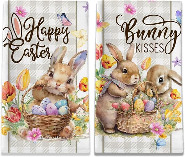 Easter Bunny Dish Towels, Happy Easter Egg Dish Towels for Kitchen with Buffalo Plaid Rustic Spring Gift Decorations for Home 2 Pcs (Ho)