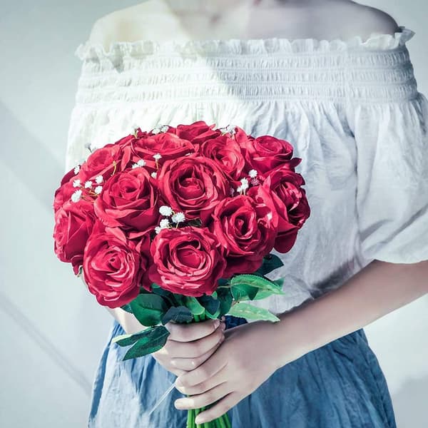 Artificial Silk Flowers Bouquet Rose Home Office Red Wedding Ar DXGHC