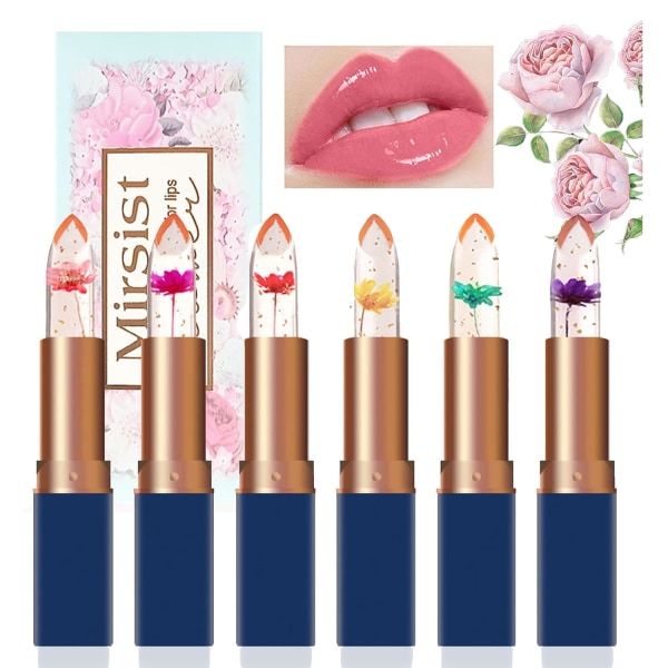 6 delar Transparent Magic Color Changing Lipstick Set, Golden Jelly Flower Moisturizing Lip Gloss, Crystal Aloe Vera Lip Balm, Varaktig PH Transparent