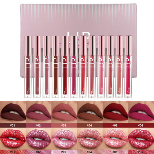 12 färger Matte Pearlescent Lip Gloss Set med fint skimmer