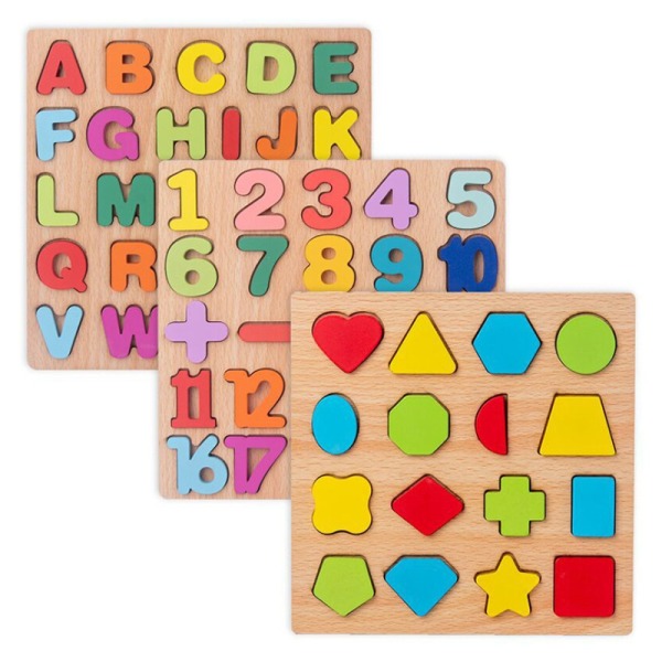 3 ABC-alfabet i trä, siffror, geometriska former pussel pedagogiska leksaker som lär sig alfabetet för barn