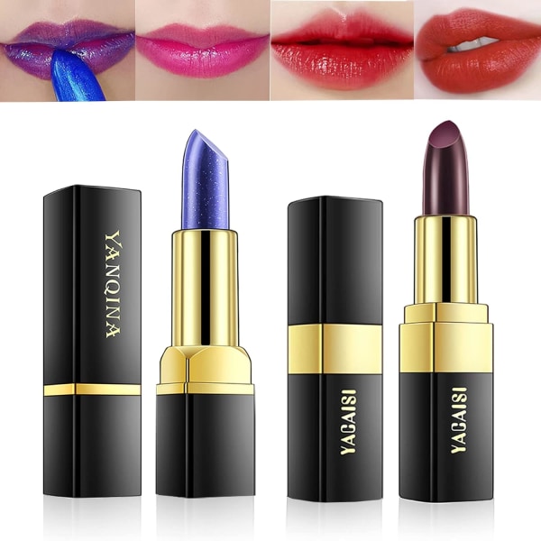 2 st Magic Black & Blue Lipstick Set, Skimrande färgskiftande läppstift (blått till rosa, svart till tegelrött), naturligt fuktgivande läppstift