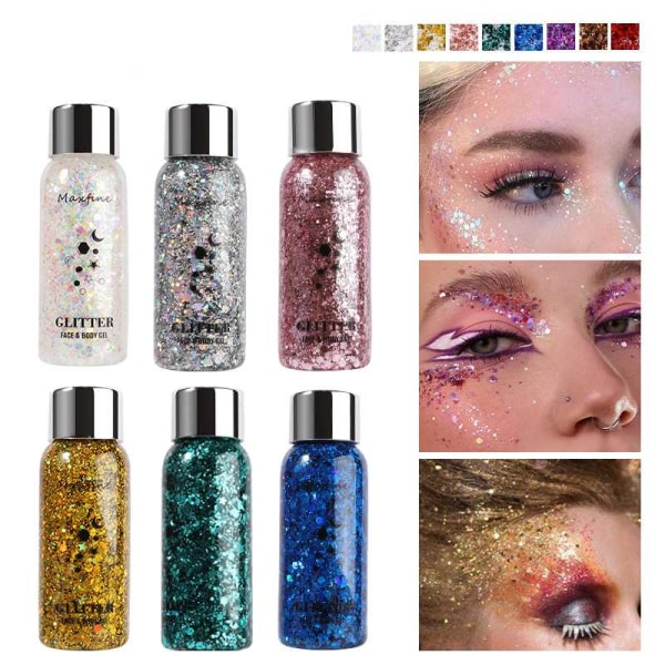Kroppsglitter i 6 färger, Sjöjungfruansikte Glitter Gel Makeup, Chunky Glitter Holographic Hair Glitter Rave Accessoarer, Glitter Makeup för Singer Concerts Mu