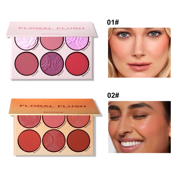 6 färger Powder Blush Palette, Face Matte Blusher Contour Highlight Palette Mineral Powder Makeup, Rose Pink and Purple Blush Eyeshadow Palette for Eye