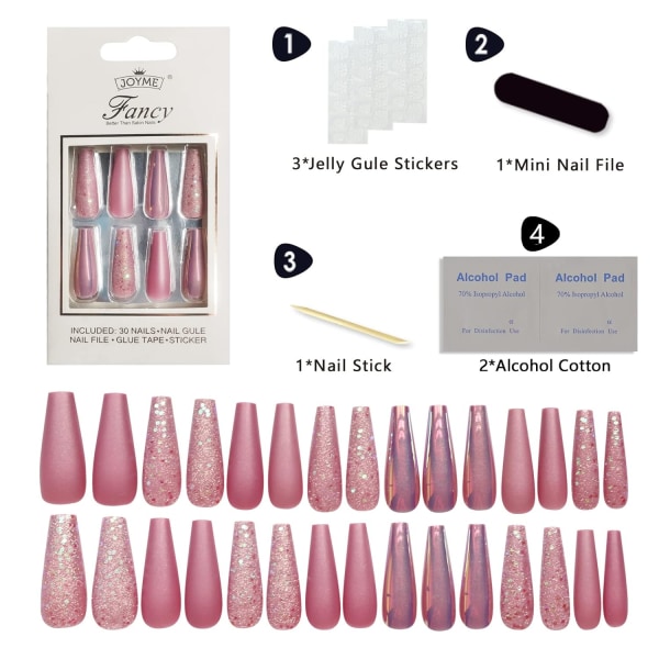 30st Press on Nails Långa lyxiga Rose Pink Paillette Fake Nails med Designs Glansiga Matta Långa Fake Nails för kvinnor