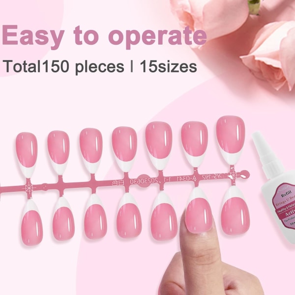 French Gel Nail Tips, 150 st Medium Coffin Press on Soft Gel Fake Nails, 3 i 1 X skikt Pre Applied Tip Primer Base Coat, 15 storlekar för DIY Nail Exten