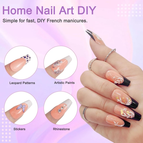 French Gel Nail Tips, 150 st Medium Coffin Press on Soft Gel Fake Nails, 3 i 1 X skikt Pre Applied Tip Primer Base Coat, 15 storlekar för DIY Nail Exten