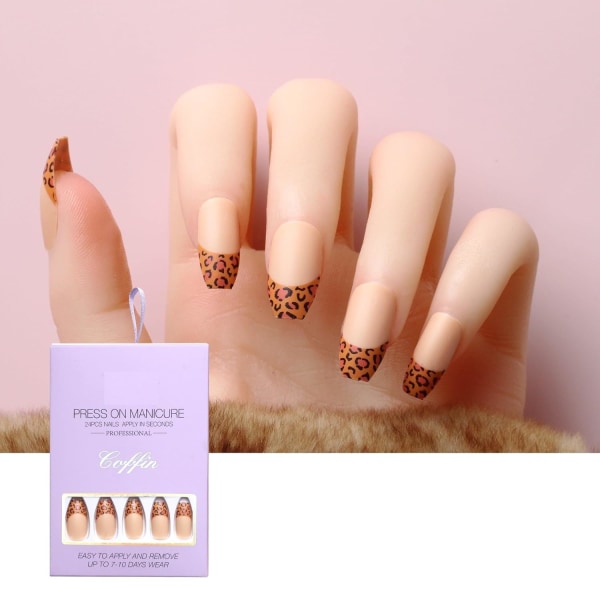 False Nails Kit för kvinnor och flickor Fake Tips Nail Art Kista Cover Medium 24 ST Set 12 Storlek Jelly Lim Stickers Minifil Inkluderar Leopard Prin