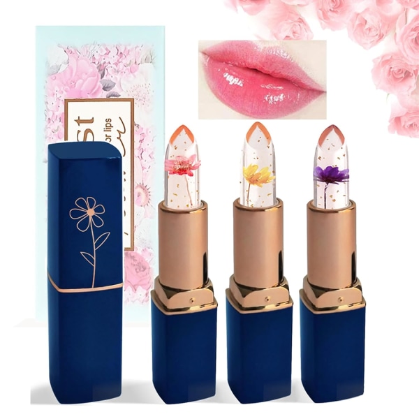 3 delar Clear Color Changing Lipstick Set, Crystal Jelly Flower Color Changing Lipstick, Golden Jelly Flower Moisturizing Jelly Lipstick, Aloe Vera No