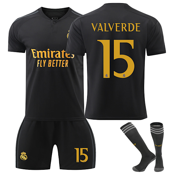 23-24 Real Madrid andre bortekampfotballsett svart nr 7 Vinicius 1 Courtois 5 Bellingham XXL XXL XXL NO.15