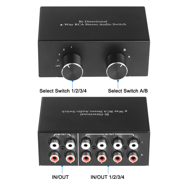 4-veis toveis RCA stereo lydomkobler 2 inn 4 ut eller 4 inn 2 ut L/R jack lydkanal RCA lydomkobler velger