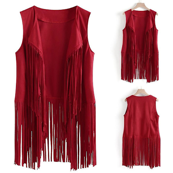 1970'ernes Kvinde Tassel Ærmeløs Vest 70'er Retro Hippie Kunstlæder Frynser Jakke Cardigan Rød Ed L