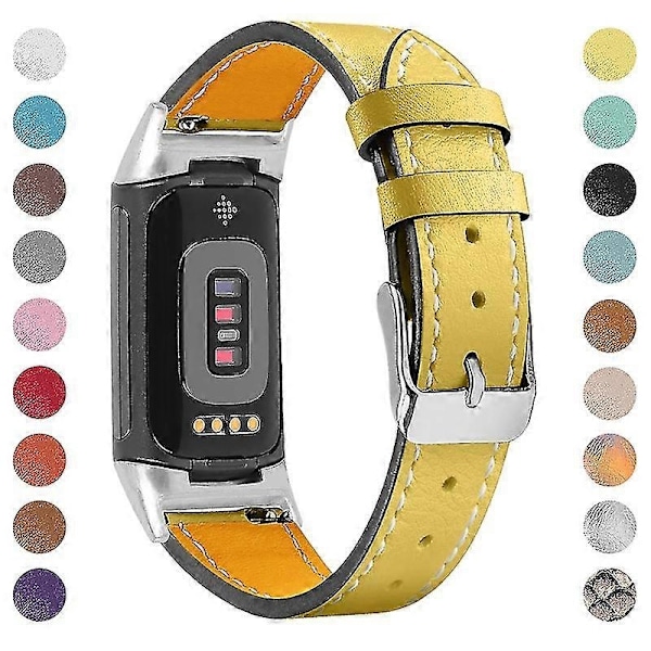 Premium Ægte Læder Justerbart Armbånd til Fitbit Charge 6/5 - Perfekt Gul Yellow Fitbit Charge 6