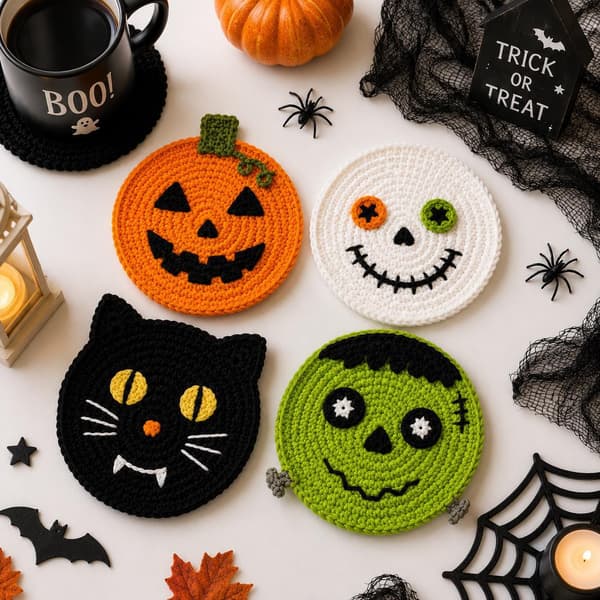 Heklede Halloween-brikker, håndlagde gresskar-spøkelse-monster-garn-drikkebrikker til borddekor White Spiderweb