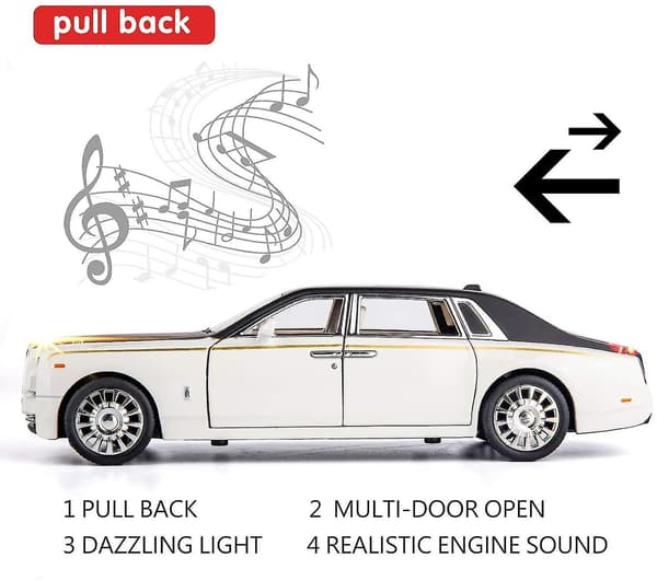 1/24 Rolls-Royce Phantom Modelbil, Zink Legering Tilbage Træk Legetøjsbil med Lyd og Lys til Børn Dreng Pige Gave (Hvid)