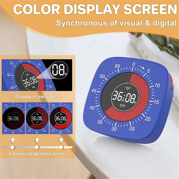 Visuell timer for barn, digital timer med 60 minutters nedtelling, stille timer for skrivebordstimer for