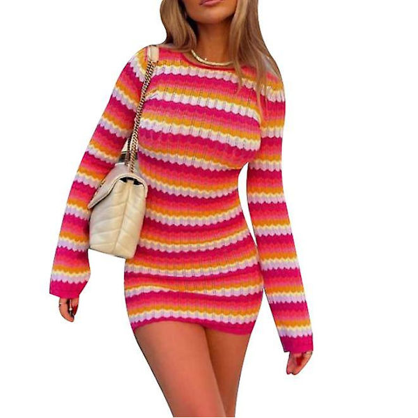 Naisten tiukka mekko pitkähihainen ohut raidallinen neulottu mekko monivärinen valinnainen vaaleanpunainen Pink S