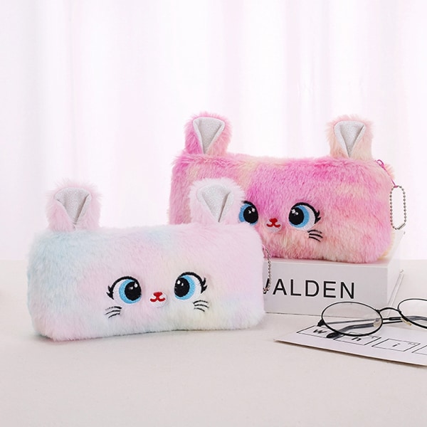 Kawaii tecknad söt katt plyschficka pennfodral dragkedja fluffig stor kapacitet pennväska Purple Color+Rose*2