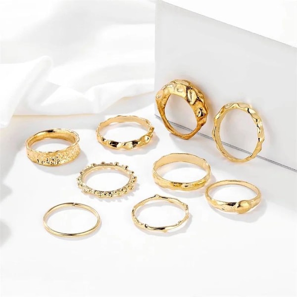 9-pak Ringe - Blanke, Matte & Forskellige Mønstre gold