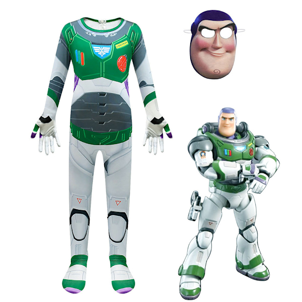 Halloween Buzz Lightyear Cosplay-antrekk Karneval Barnekostyme Jumpsuit Bodysuit + Maske Fancy Dress Up Space Ranger Klassisk Kostyme 130 cm