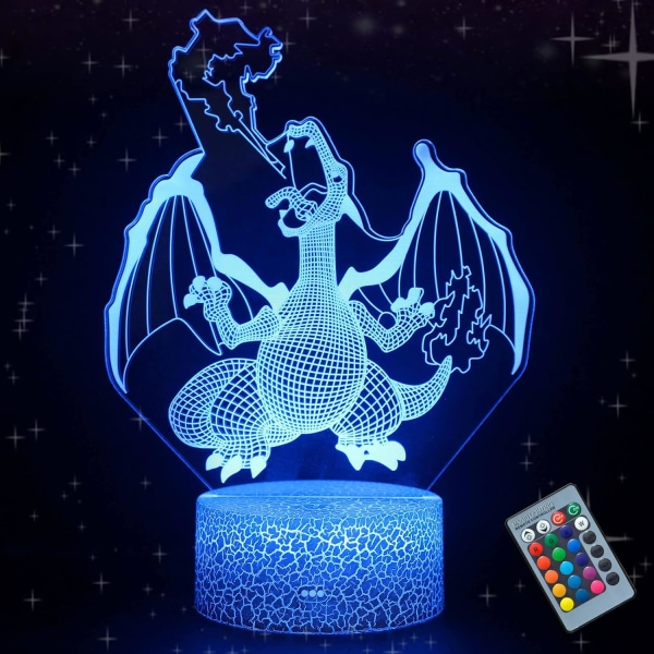 WJ 3D Illusion Natlampe Drage LED Bordlampe med Fjernbetjening 16 Farveskiftende til Hjemmeindretning Fødselsdag fire breathing dragon