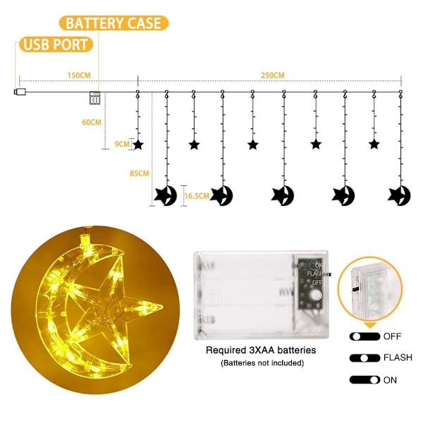 LED Fönstergardin Slinga Ljus Fairy Lights Måne Stjärna Slinga Ljus Batteridriven USB-driven för Inomhus Sovrum Utomhus Fest 0.7