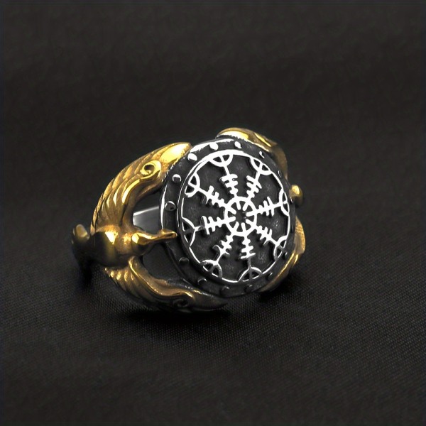 1 st Viking Odin Raven Titanium stålring, kompass för män Rune Fashion rostfritt stål ring Golden US Size 9