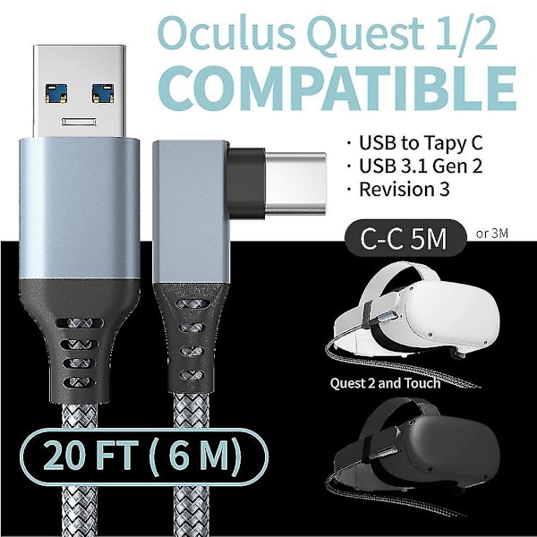 Oculus Quest 2 -pikalataus- ja PC-tiedonsiirtokaapeli USB C 3.2 Gen1 5gbps Pd -siirtolaturikaapeli Vr-kuulokemikrofonikaapeli Harmaa Grey 5M