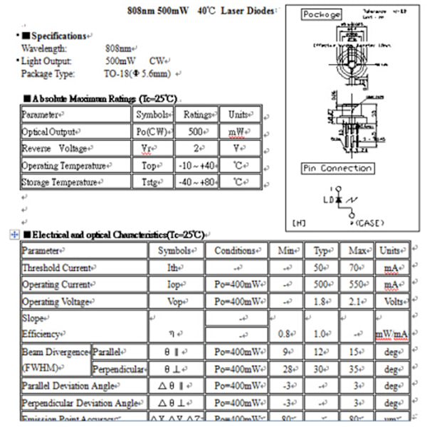 1 kpl 808nm 500mW diodi/TO18 (5,6mm) ilman PD, korkea laatu