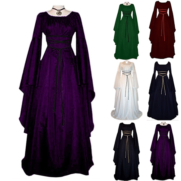 Halloween Häxklänning Långärmad Rundhalsad Klänning för Fest Marinblå Navy blue S