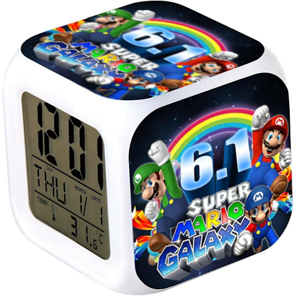 Mario 7 färger förändring digital väckarklocka med tid, temperatur, larm, datum (Map Race) Rainbow 6.1