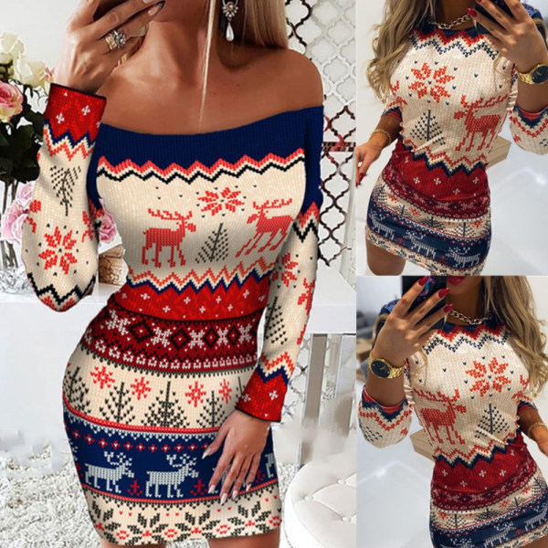 Kvinners langærmet mote casual juleprint bodycons kjole én skulder One shoulder L