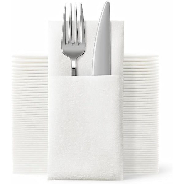 50 stk. engangsservietter med indbygget bestiklomme - Hvide servietter i linnedfølelse til bryllup, fest, middag og særlige begivenheder