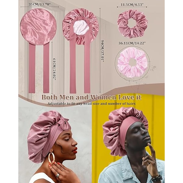 Satin Bonnet för Sömn Kvinnor Dubbellager Hårhatt med 2 st Hårsnoddar Elastiskt Band Nattkläder Bean Paste + Pink