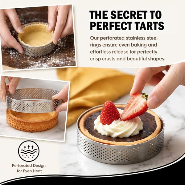 16-dels perforert moussering-sett i rustfritt stål, Ø8 cm bakeformer for minikaker, terter og desserter
