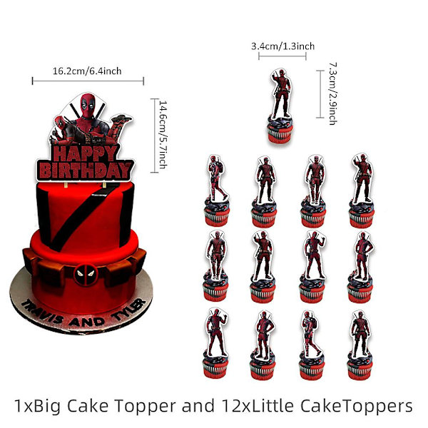 Deadpool-tema bursdagsfestutstyr, inkludert banner, ballonger, kakepynt og cupcakespynt