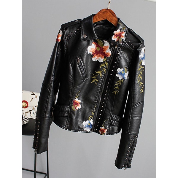 Floral mønster trykt Faux Soft Leather Jacket Women Pu Motorsykkel Frakk Kvinne Svart Punk Glidelås Nagler Yttertøy Svart Black S