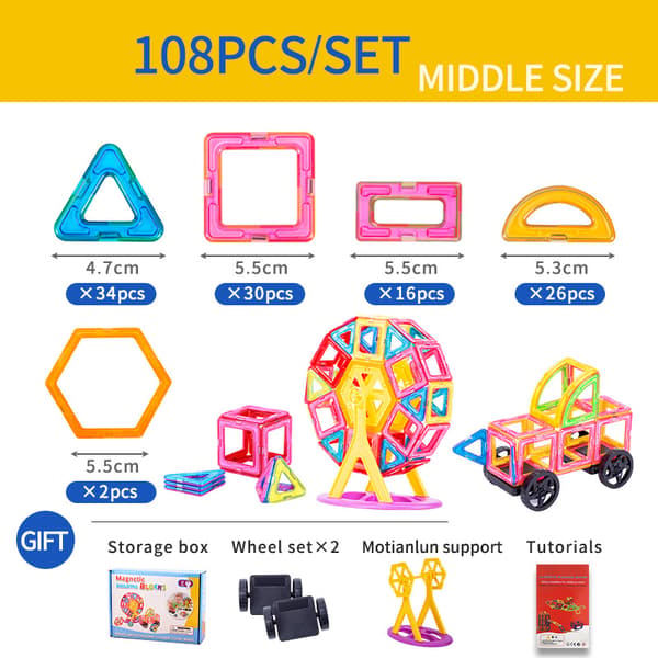 Magnetiska Byggplattor | Pedagogiska STEM-leksaker för Barn **Medium storlek 108 bitar Medium size 108 pieces