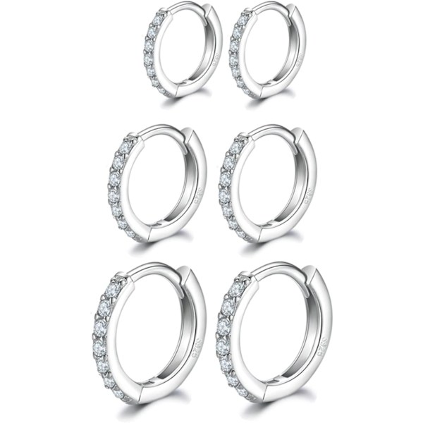 Silver Örhängen för Kvinnor, 3 Par Små Sleeper Creoler Huggie Gångjärnsörhängen (8/10/12mm)[qb]