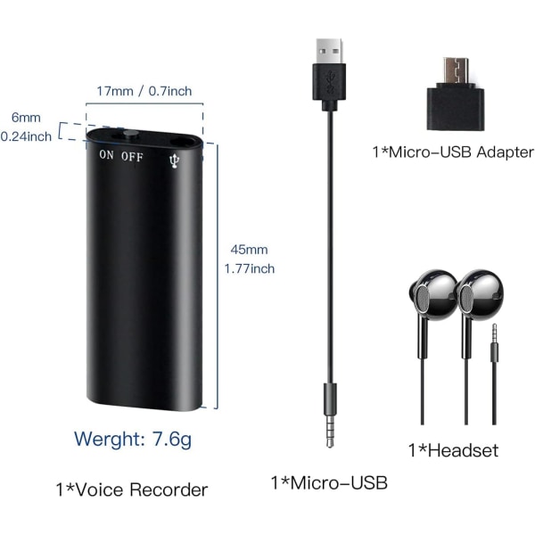 Mini röstaktiverad inspelare - 800 timmars inspelningskapacitet - Stark magnetisk - Ljudljudinspelning - Enhet för kontinuerlig lyssning 16 GB