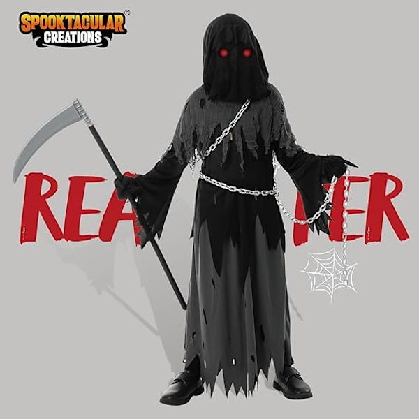 Barn Unisex Lysende Øyne Reaper Kostyme for Skummel Spøkelse Halloween Kostyme