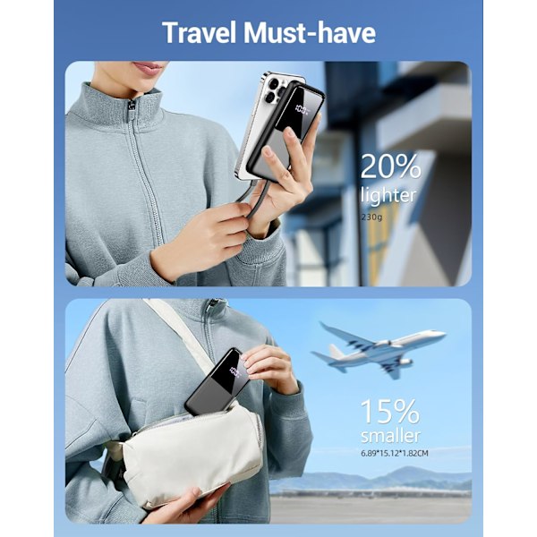 Powerbank Snabbladdning 10000mAh med 2 Inbyggda Kablar & 3 Portar LED-Display Svart