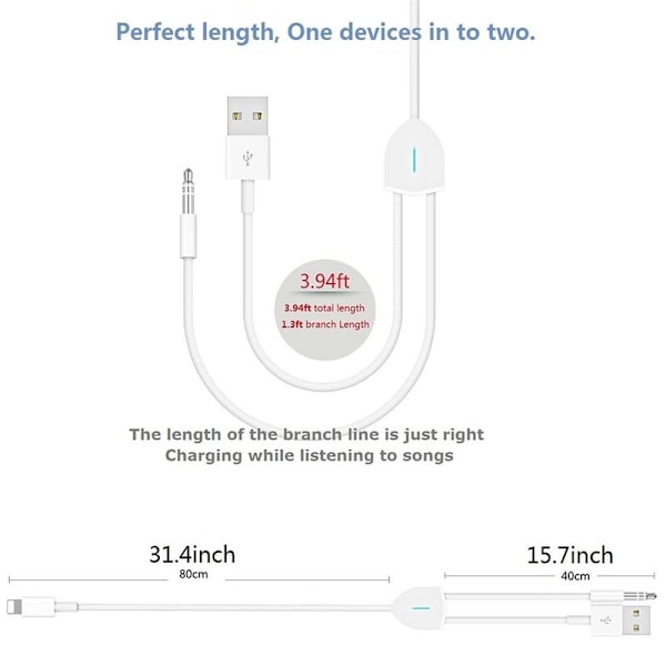 Aux-kabel, Lightning til 3,5 mm AUX-kabel, 2-i-1 lydladekabel